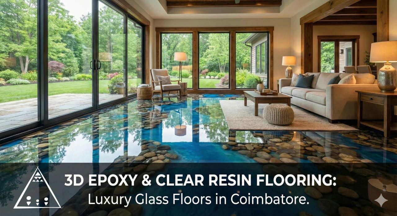 Luxury 3D Epoxy Flooring in Coimbatore farmhouse living room.