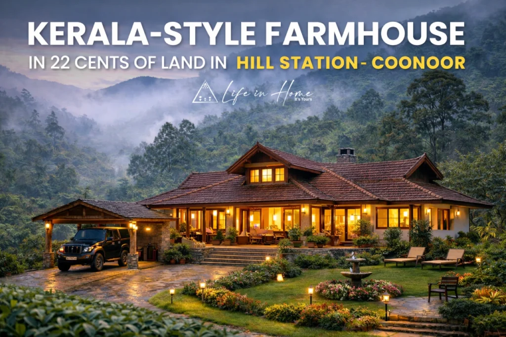 Kerala-style luxury retreat built on 22 cents of land by Life in Home, the leading farmhouse builder in Coonoor, featuring traditional roof tiling and warm evening illumination.