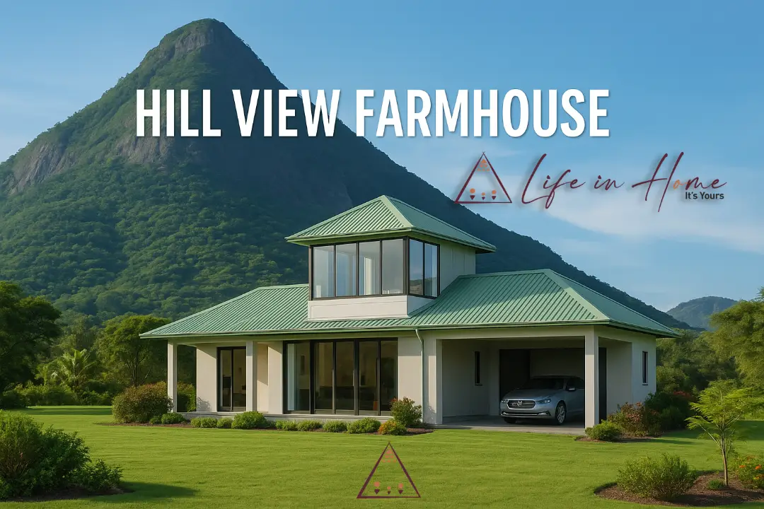 Modern luxury hill view farmhouse with a green roof and large glass windows overlooking a scenic mountain.